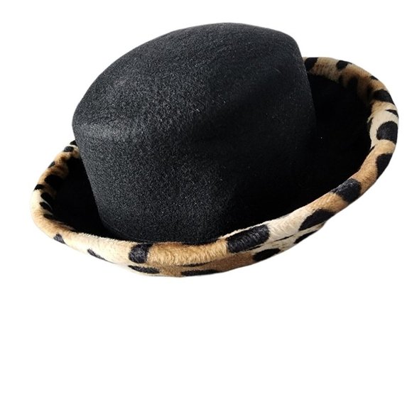 100% Wool Women\'s Black & Cheetah Print Roll-Up Brim Fedora Hat- Pre-owned main image 4